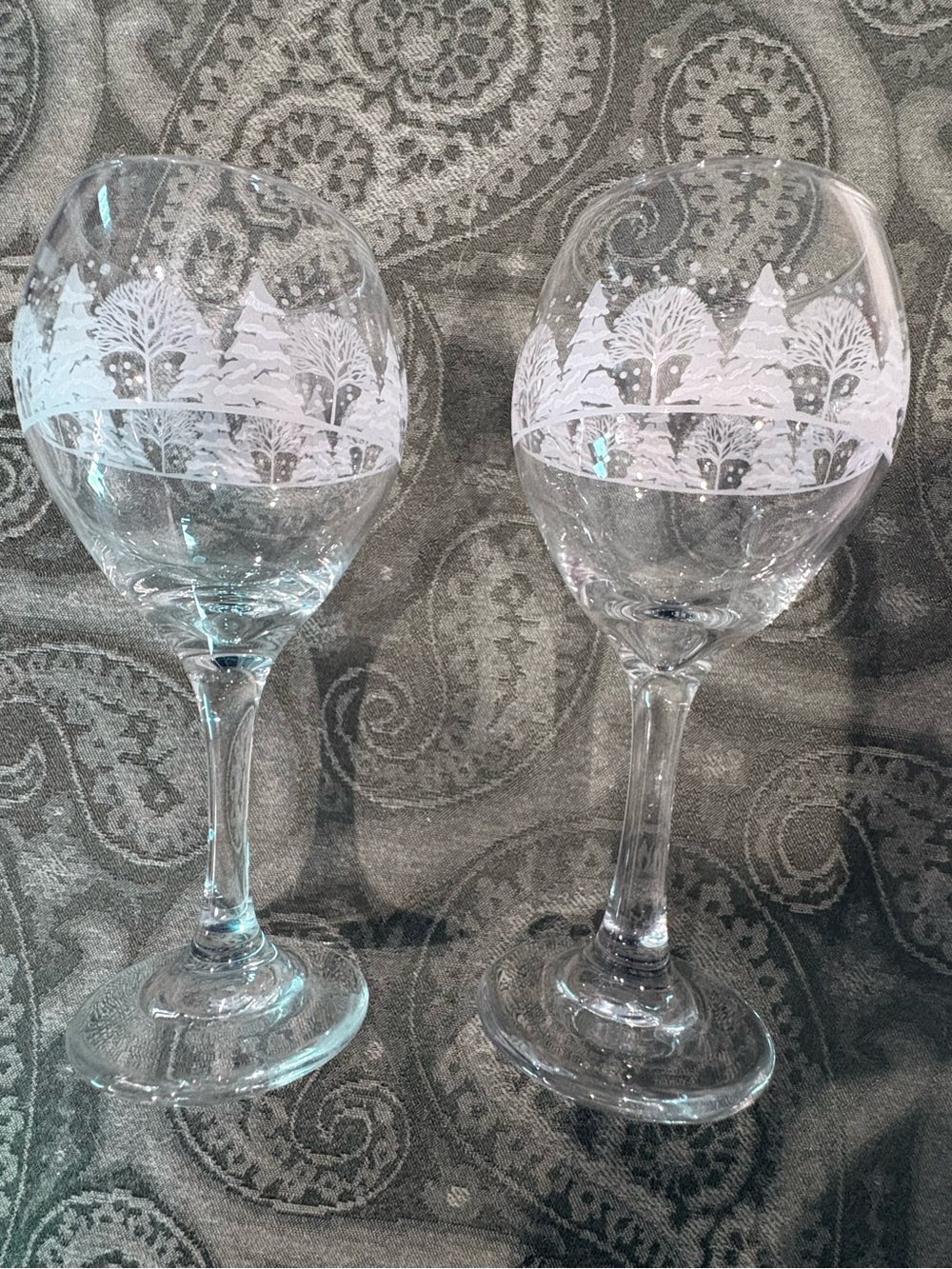 Libbey Clear Wine Glasses with White Winter Tree Etching - Set of 2